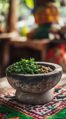Stone Mortar with Fresh Herbs and Spices