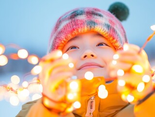 Fototapeta premium Joyful Child with Christmas Lights in Winter Wonderland