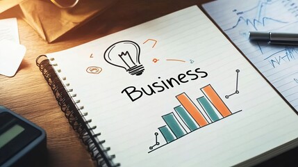A notebook with the word "Business" written on it, next to which is an icon of a light bulb and a bar graph drawn in marker pen. This represents a business plan concept on a wooden table background.