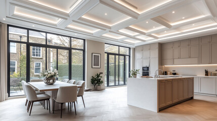 Illustration Interior design of kitchen and living room for a modern, luxurious open plan living space