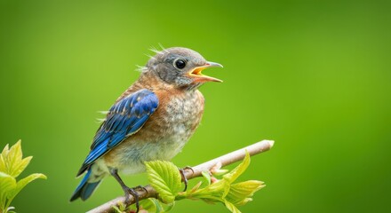 Young bluebird singing on a branch in lush greenery environment