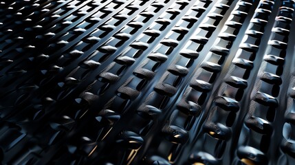 A close-up of a black metal surface with a textured pattern.