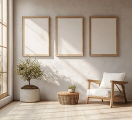 Sunlit room with three blank frames, armchair, plant, and side table.