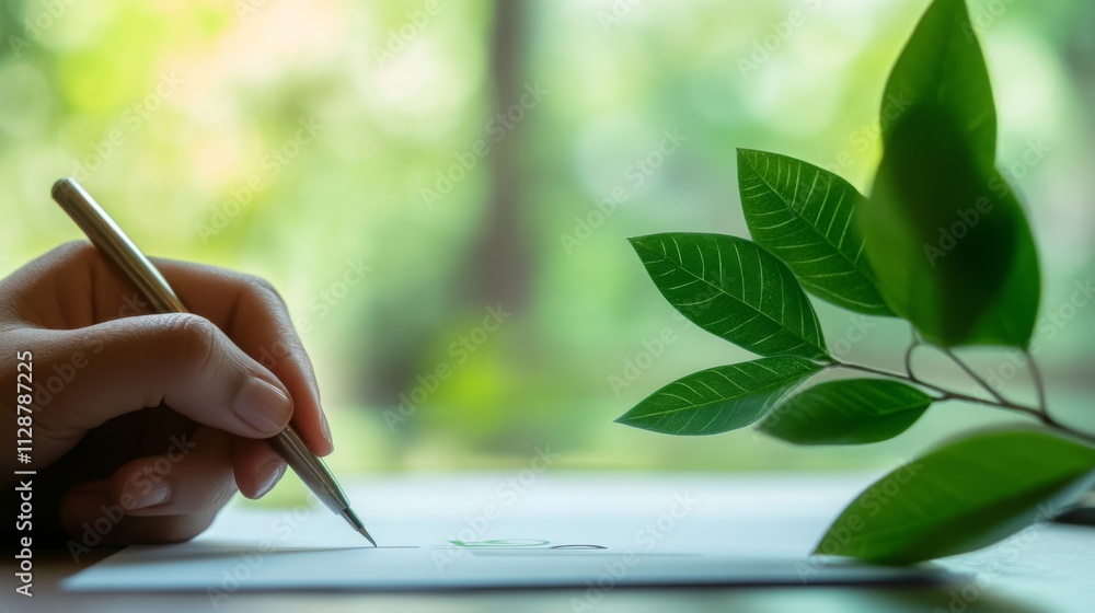 Fototapete A person is using a pen to write on paper while a small green plant rests beside them. The setting is bright and peaceful, reflecting a connection between finance and environmental awareness.