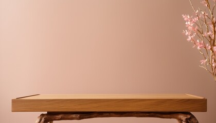 Wooden Platform with Pink Background and Flowers for Product Photography