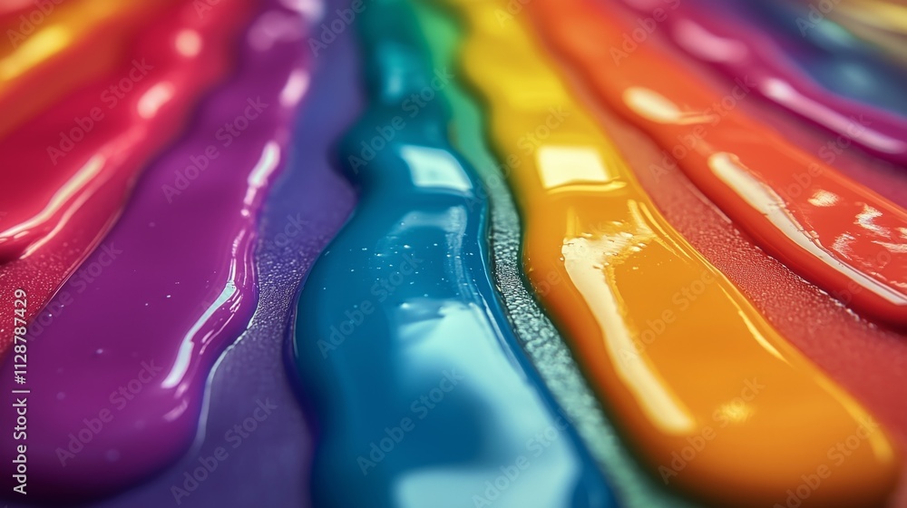 Poster vivid streams of glossy paint flow in a rainbow spectrum, creating a dynamic and colorful abstract p