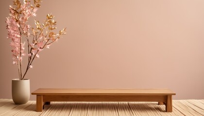 Wooden Platform with Pink Background and Flowers for Product Photography