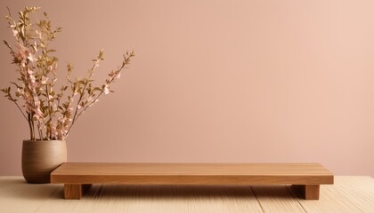 Wooden Platform with Pink Background and Flowers for Product Photography