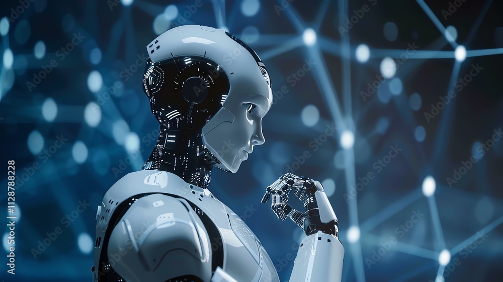 Poster a white humanoid robot with a futuristic design stands in front of a glowing blue network background