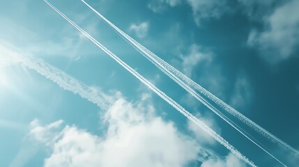 Two parallel contrails from airplanes cross against a blue sky with clouds and a bright sun.