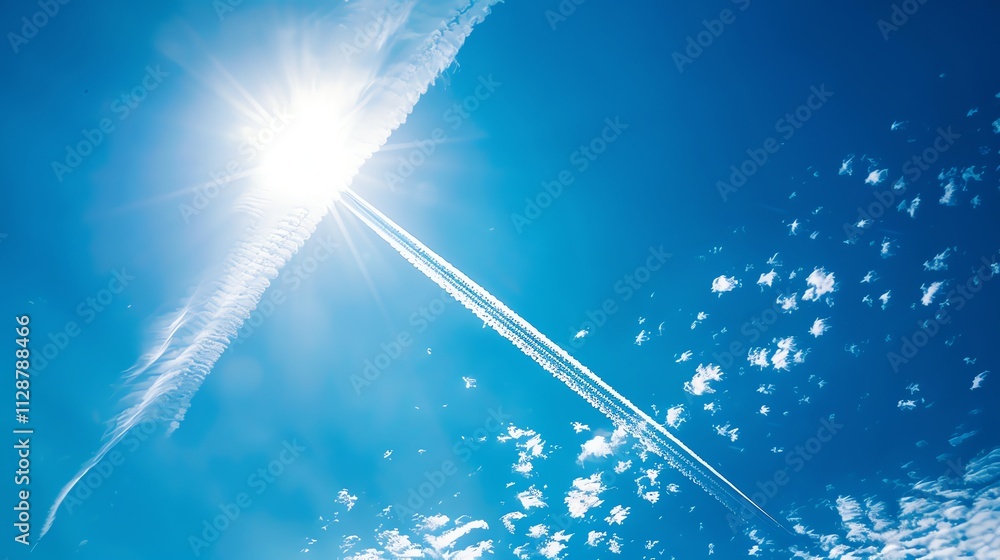 Poster a bright blue sky with a sun shining through fluffy white clouds and two parallel contrails from air