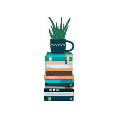 A stack of books and a houseplant. A cozy scene with a potted plant on top of the book pile. Vector illustration.