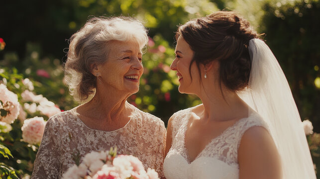 Bride and grandmother sharing a joyful moment in a rose garden, showcasing love and connection on a special day