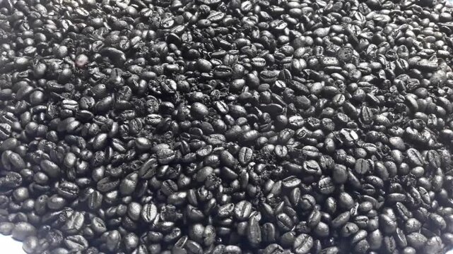 Piles of coffee beans in a pan with a puff of smoke on it. New black coffee beans are ready to be roasted and have a strong scented.