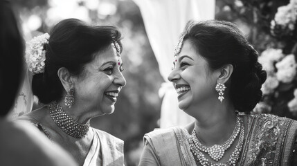 Fototapeta premium Smiling mother and daughter share a joyful moment during a traditional Indian wedding ceremony, adorned in elegant ethnic attire