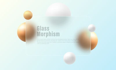 Transparent glass partition with voluminous gold and white spheres. Realistic form of glass morphism.