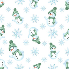 Snowman in green hat with scarf and snowflakes. Winter seamless pattern for holiday design. Hand drawn watercolor illustration. Template for Christmas and New Year print, wallpaper, wrapping, fabric.