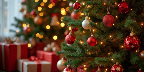 Close-up view of red Christmas presents with ribbons placed under a decorated holiday tree