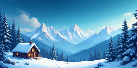 A serene winter landscape featuring a cozy cottage surrounded by snow and majestic mountains, depicted in a picturesque illustration..