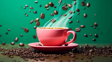 Obraz premium A ceramic pink cup with freshly brewed aromatic hot black coffee, coffee beans falling on a table on green background. A caffeinated drink Coffee shop