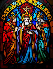 Fototapeta premium Three Kings. Artistic illustration painted with oil paint. Colorful stained glass. Christmas card and cover design