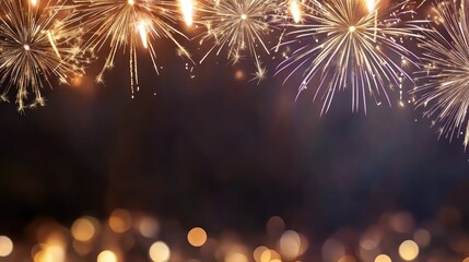Fototapeta premium Bright fireworks burst into the dark sky, creating a festive atmosphere filled with sparkling colors during New Year festivities