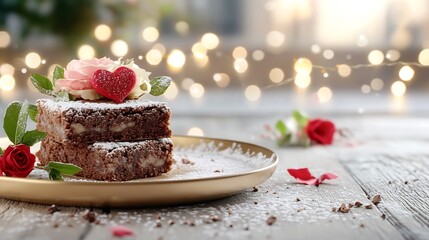 Glowing Stacked Red Chocolate Heart Brownies on Golden Plate with Fairy Lights Backdrop