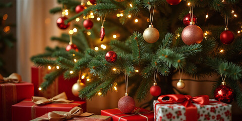 Close-up view of red Christmas presents with ribbons placed under a decorated holiday tree