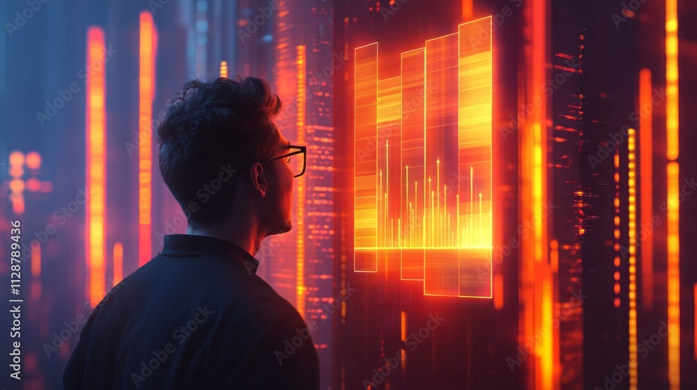 Poster a man viewing a digital data visualization in a futuristic cityscape