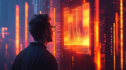 Fototapeta premium A Man Viewing a Digital Data Visualization in a Futuristic Cityscape