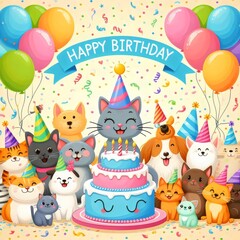 Birthday party background. Poster, card with cartoon animals and cake.