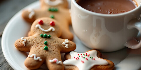 Festive Christmas cookies shaped like gingerbread men and stars on a plate, paired with a mug of hot chocolate in a cozy holiday setting..