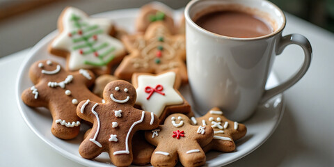 Festive Christmas cookies shaped like gingerbread men and stars on a plate, paired with a mug of hot chocolate in a cozy holiday setting..