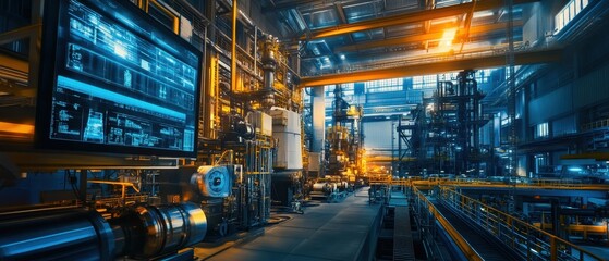 Obraz premium Industrial facility showcasing advanced machinery and illuminated equipment during night operations in a manufacturing plant