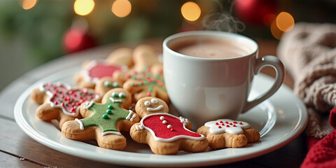 Festive Christmas cookies shaped like gingerbread men and stars on a plate, paired with a mug of hot chocolate in a cozy holiday setting..
