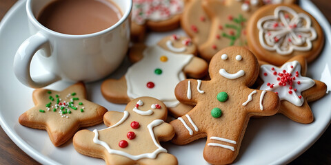 Festive Christmas cookies shaped like gingerbread men and stars on a plate, paired with a mug of hot chocolate in a cozy holiday setting..