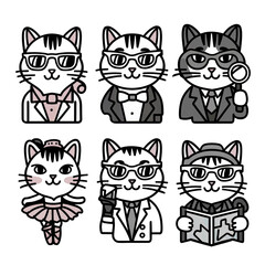 Obraz premium set of six cats dressed ballerina clip art line drawing illustration cartoon isolated on transparent background