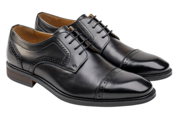 Black leather Oxfords featuring cap-toe detailing and meticulous stitching, perfectly crafted for a refined professional look, set against a transparent background