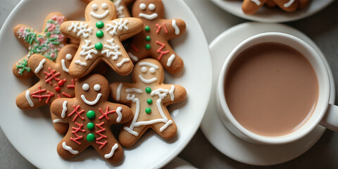 Festive Christmas cookies shaped like gingerbread men and stars on a plate, paired with a mug of hot chocolate in a cozy holiday setting..