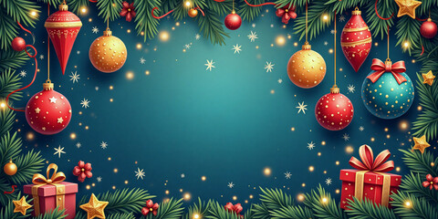 Festive Christmas frame illustration made of fir branches and holiday decorations, featuring empty space in the center on a neutral background..