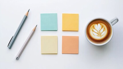 pastel post-it notes on a white background with a coffee mug and pencil next to them, in a flat lay photography style. 