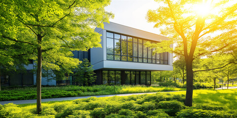 Fototapeta premium Modern educational facility surrounded by greenery, capturing sunlight through glass walls. A symbol of sustainability and innovation in contemporary architecture.