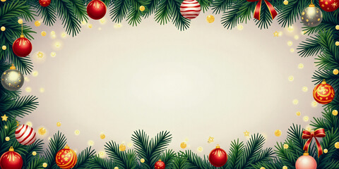 Festive Christmas frame illustration made of fir branches and holiday decorations, featuring empty space in the center on a neutral background..