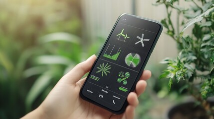 A person interacts with a smartphone displaying analytics on sustainable finance, showcasing green energy trends and AI-driven insights.