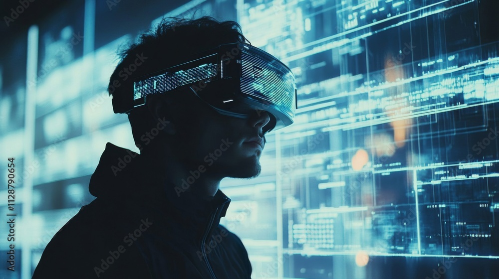 Poster a man in vr headset, exploring digital data streams.