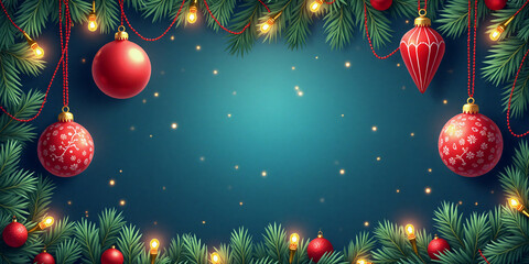 Festive Christmas frame illustration made of fir branches and holiday decorations, featuring empty space in the center on a neutral background..