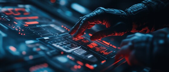 Futuristic tech controller handling advanced data interface in a dimly lit environment