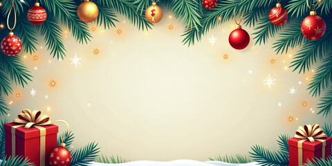 Festive Christmas frame illustration made of fir branches and holiday decorations, featuring empty space in the center on a neutral background..