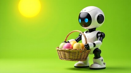 Obraz premium Delivery robot delivers a basket with Easter eggs, green background, spring, su
