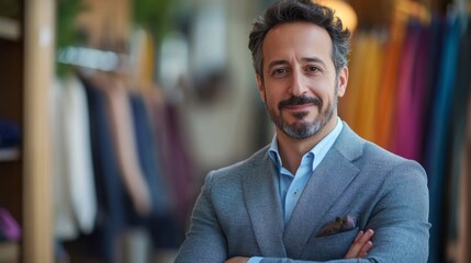 Portrait of a Confident Man with a Gray Suit and a Blue Shirt in a Store Setting